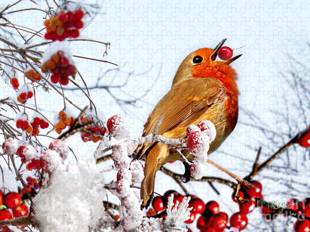 Robin Jigsaw Puzzle featuring the mixed media Robin and Berries in Snow by Morag Bates