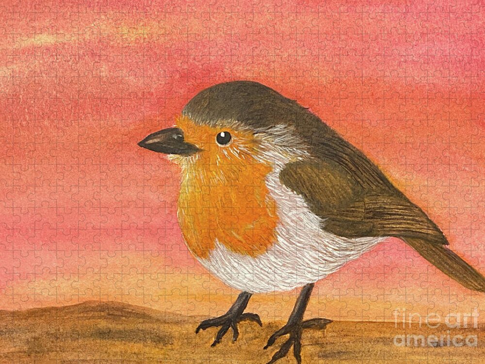 Robin Jigsaw Puzzle featuring the painting Robin at Sunset by Lisa Neuman