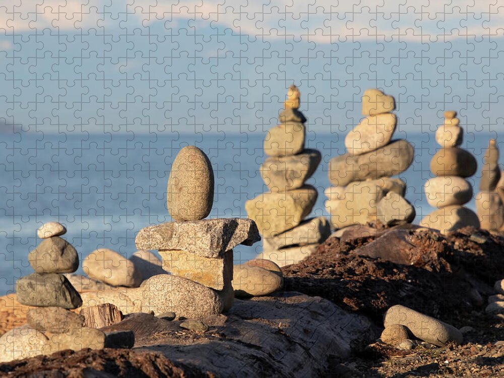 Rock Cairns Jigsaw Puzzle featuring the photograph Rock Cairns - Beach Balance by Peggy Collins