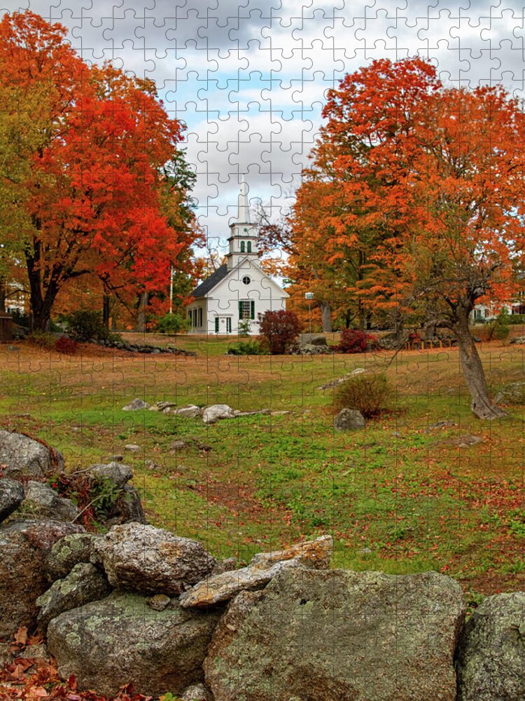 Hillsboro Church In Fall Colors Jigsaw Puzzle featuring the photograph Rock wall before the Hillsboro Church by Jeff Folger