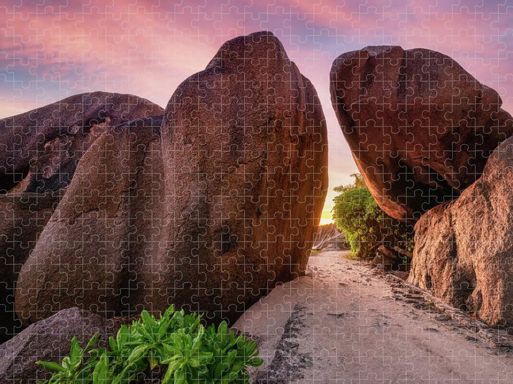 Tropical Jigsaw Puzzle featuring the photograph Rocks at sunset by Erika Valkovicova