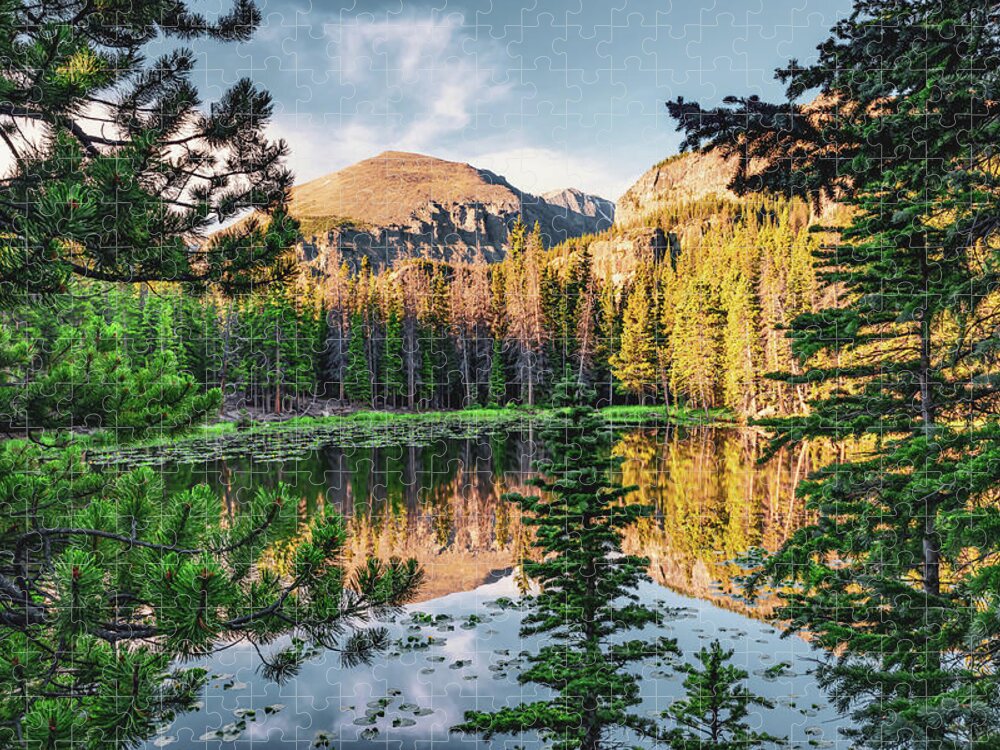 Nymph Lake Jigsaw Puzzle featuring the photograph Rocky Mountains Over Nymph Lake at Sunrise by Gregory Ballos