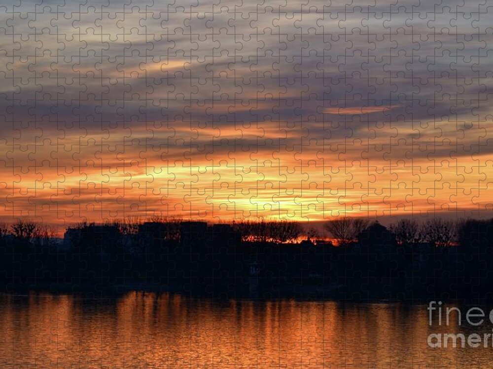 Nature Jigsaw Puzzle featuring the photograph Romantic Sunset Over Water Caught in Fire by Leonida Arte