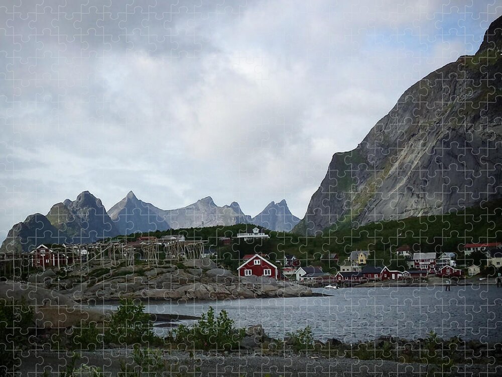 Caban Jigsaw Puzzle featuring the mixed media Rorbuer from Lofoten by Joelle Philibert