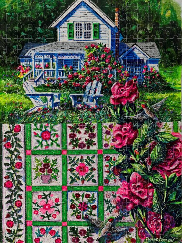 A Patchwork Quilt Of Traditional Rose Patterns In A Rose Garden With Hummingbirds Jigsaw Puzzle featuring the painting Rose Garden by Diane Phalen