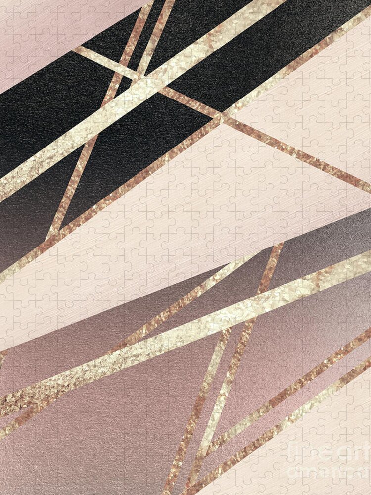 Graphic-design Jigsaw Puzzle featuring the digital art Rose Gold Blush Black Geometric Stripe Glam #1 #geo #decor #art by Anitas and Bellas Art