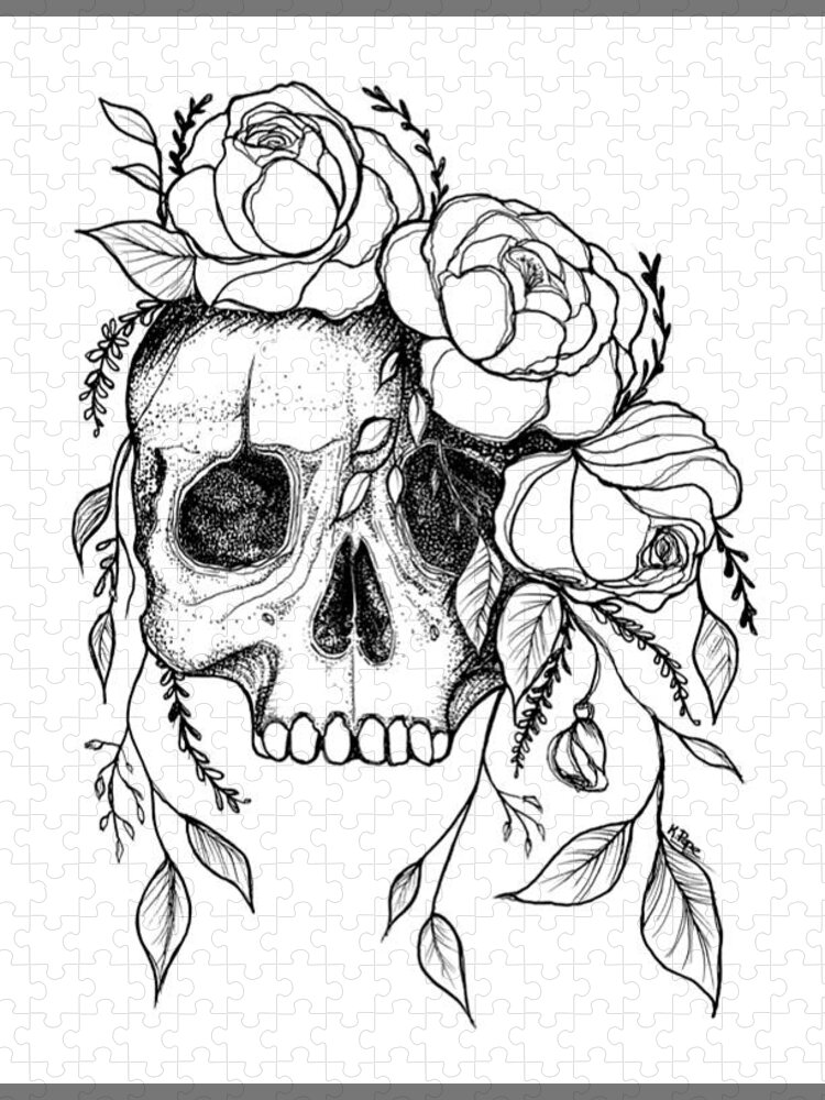 Skull Jigsaw Puzzle featuring the drawing Rose Skull by Kathy Pope