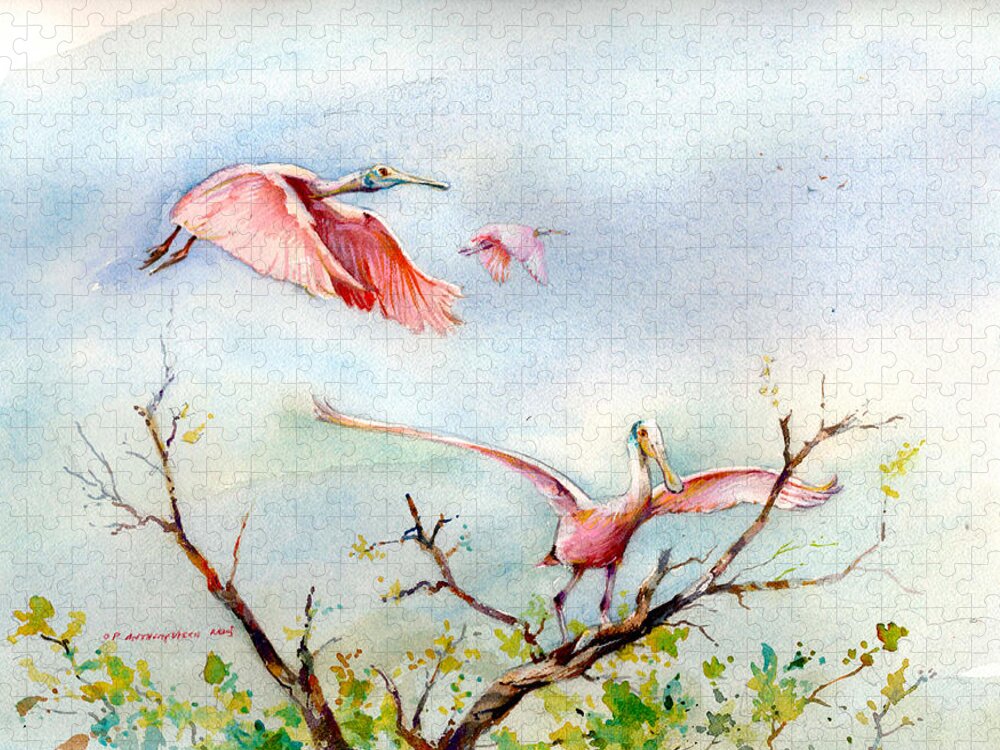 Marsh Birds Jigsaw Puzzle featuring the painting Roseate Spoonbill by P Anthony Visco