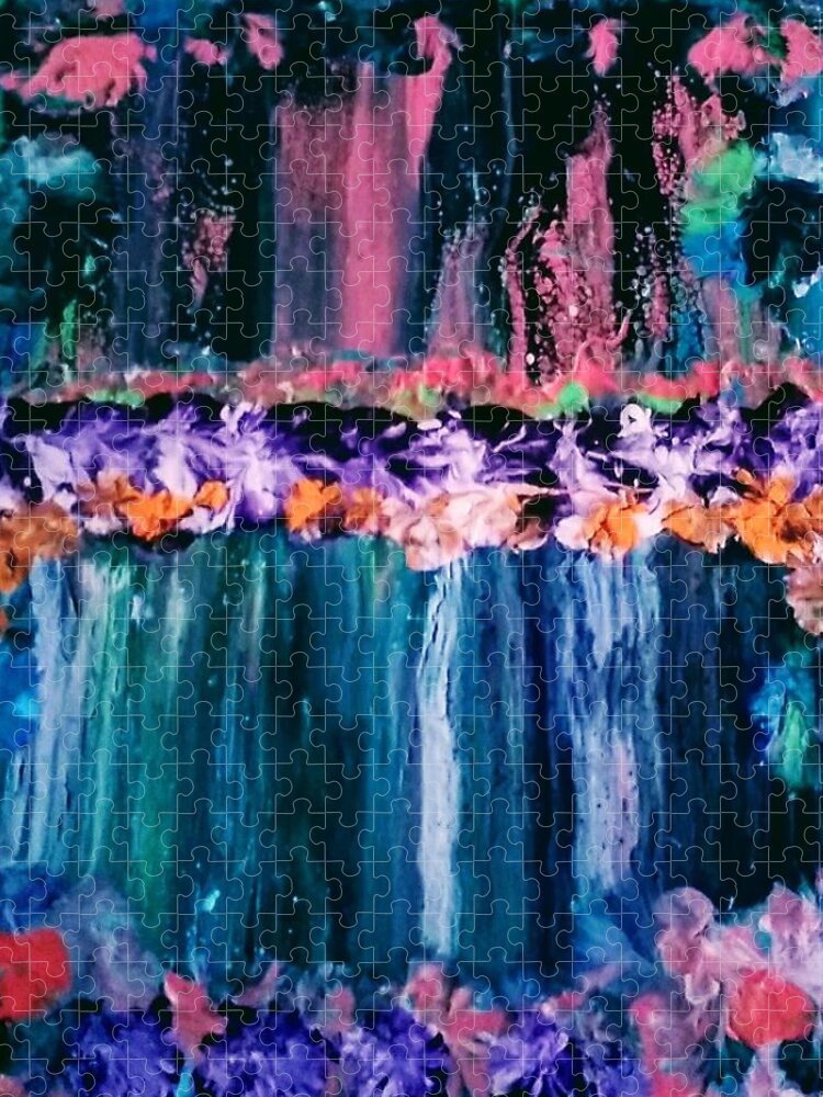 Waterfall Jigsaw Puzzle featuring the painting Roses And Waterfalls by Anna Adams