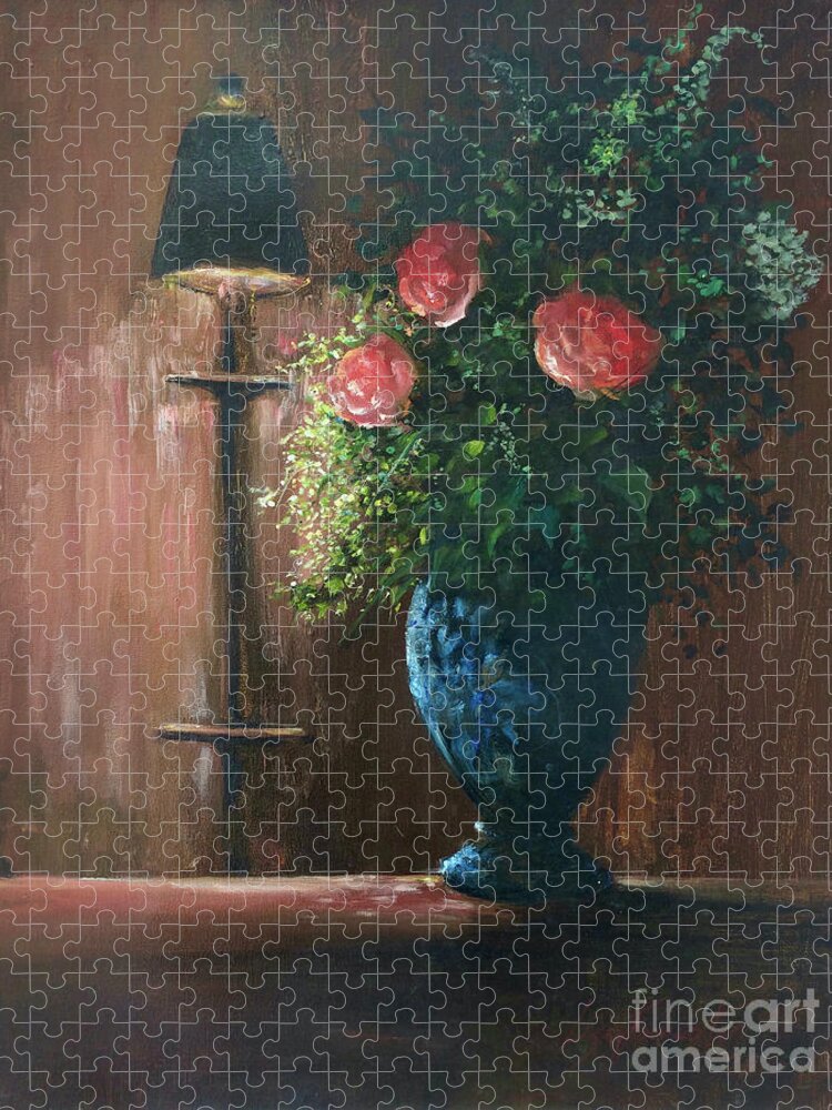 Roses Jigsaw Puzzle featuring the painting Roses in a Blue Vase by Lizzy Forrester
