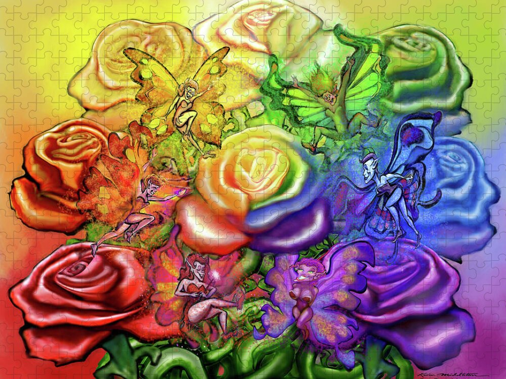 Rainbow Jigsaw Puzzle featuring the digital art Roses Rainbow Pixies by Kevin Middleton