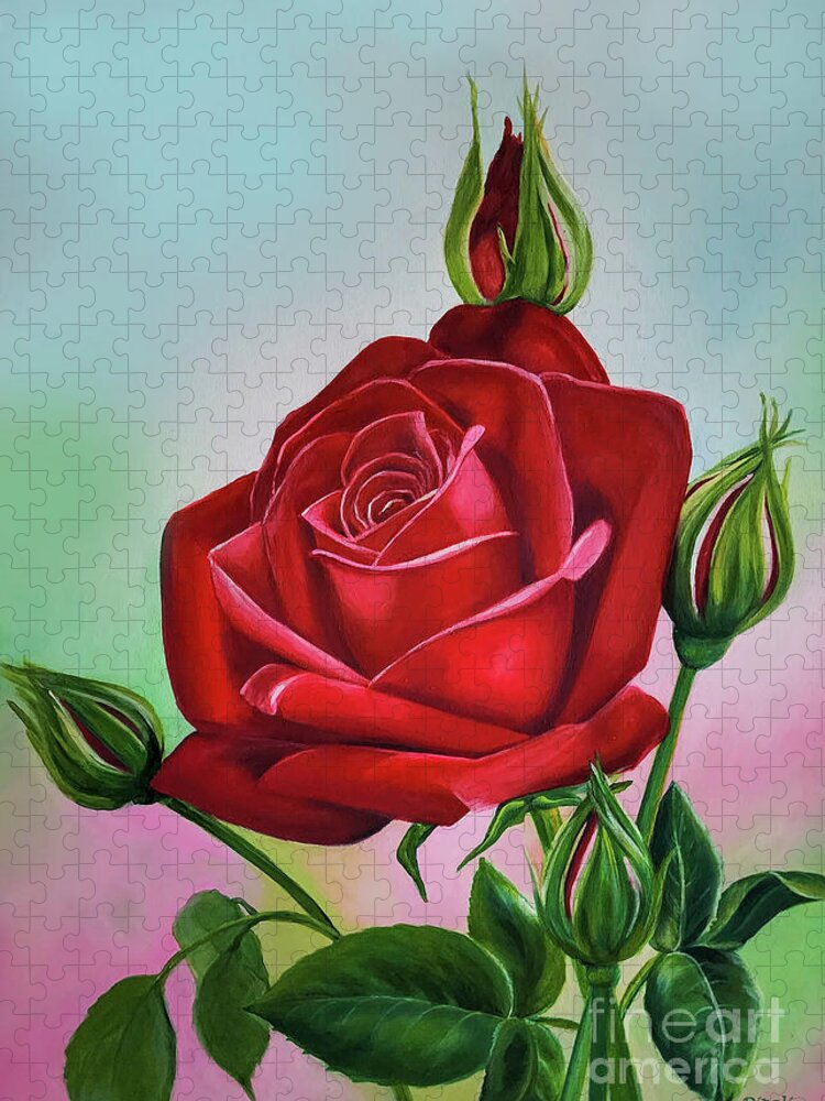Red Jigsaw Puzzle featuring the painting Roses- Red Rose by Dipali Shah