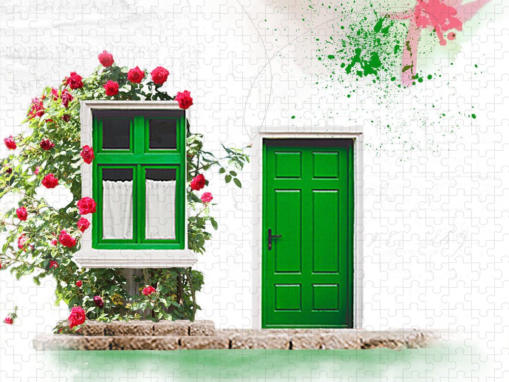 Door Jigsaw Puzzle featuring the mixed media Roses 'Round My Window by Moira Law