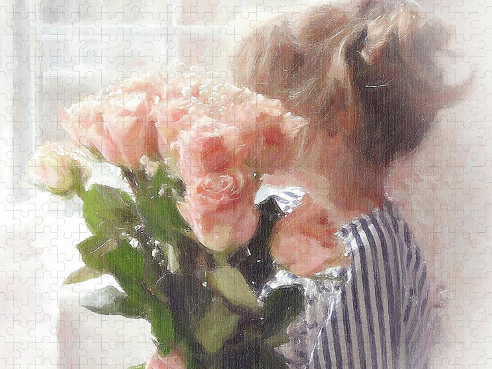 Pink Roses Jigsaw Puzzle featuring the digital art Roses with Love by Chris Armytage