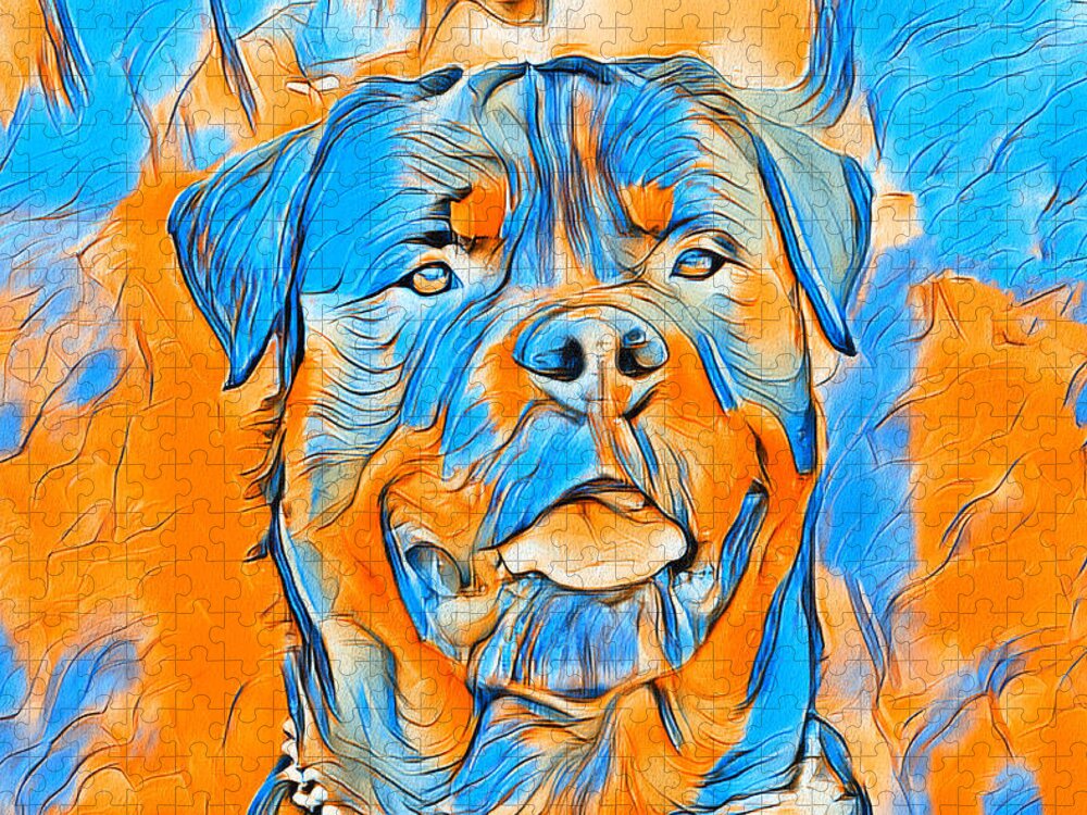 Rottweiler Dog Jigsaw Puzzle featuring the digital art Rottweiler dog portrait in blue and orange by Nicko Prints