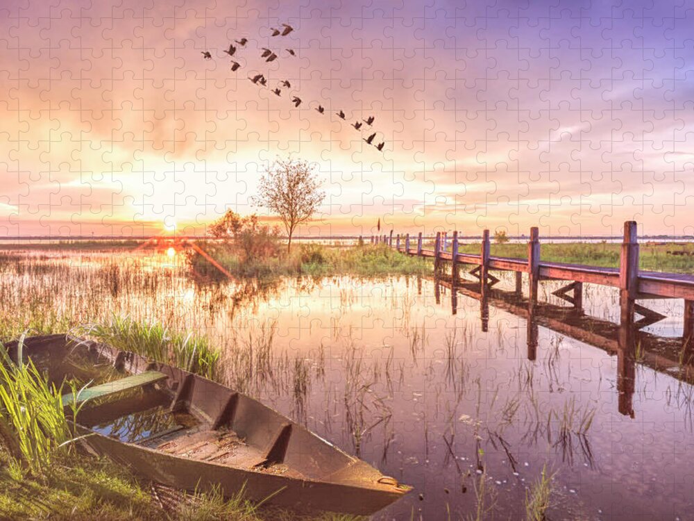 Birds Jigsaw Puzzle featuring the photograph Rowboat in the Marsh in Soft Light at Sunset by Debra and Dave Vanderlaan