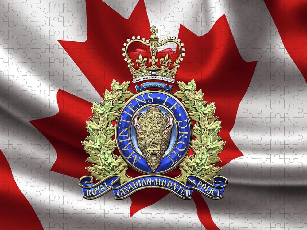 'insignia & Heraldry' Collection By Serge Averbukh Jigsaw Puzzle featuring the digital art Royal Canadian Mounted Police - R C M P Badge over Canadian Flag by Serge Averbukh