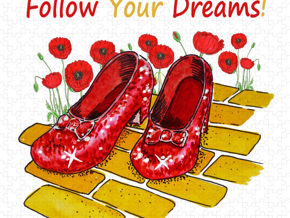 Wizard Of Oz Jigsaw Puzzle featuring the painting Ruby Slippers Wizard Of Oz Watercolor Follow Your Dreams Watercolor Art by Irina Sztukowski