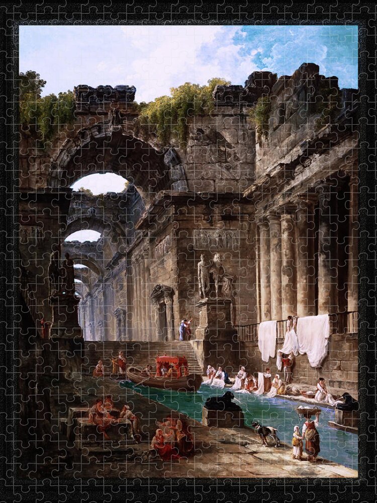 Ruins Of A Roman Bath With Washerwomen Jigsaw Puzzle featuring the painting Ruins Of A Roman Bath With Washerwomen by Hubert Robert Remastered Xzendor7 Reproductions by Xzendor7