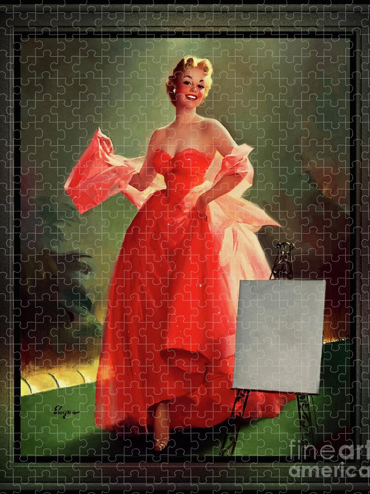 Runway Model Jigsaw Puzzle featuring the painting Runway Model In A Pink Dress by Gil Elvgren Pin-up Girl Wall Decor Artwork by Rolando Burbon
