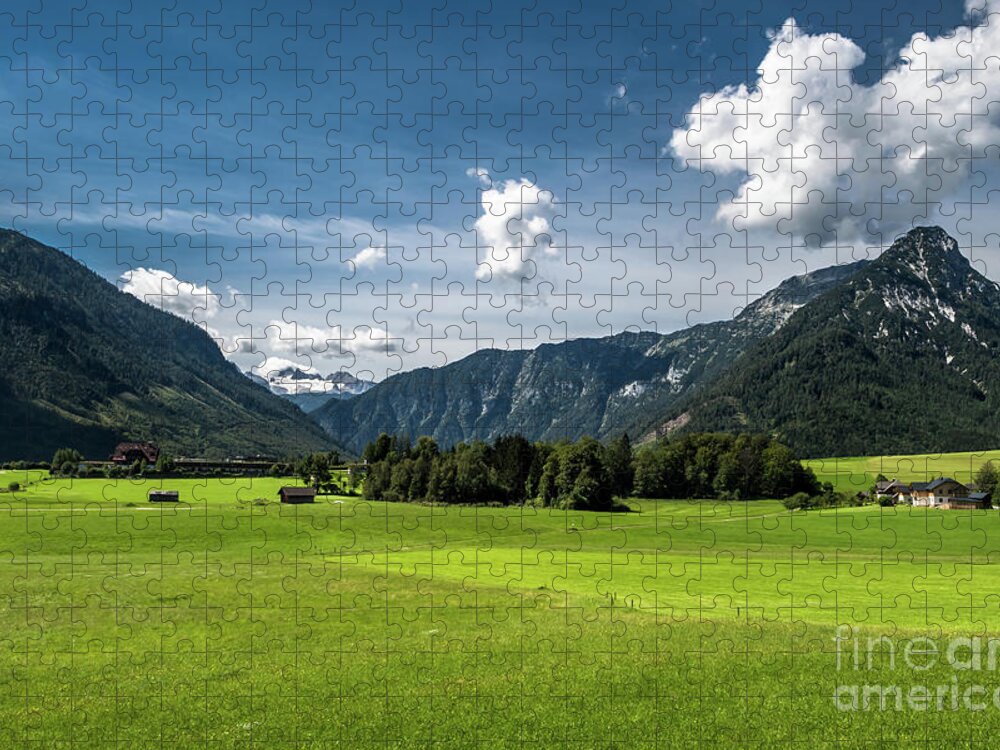 Austria Jigsaw Puzzle featuring the photograph Rural Landscape With Houses In Front Of Mountain Dachstein In The Alps Of Austria by Andreas Berthold