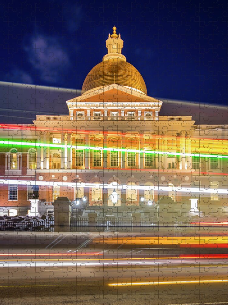 Massachusetts Statehouse Jigsaw Puzzle featuring the photograph Rush Hour in front of the Massachusetts Statehouse by Kristen Wilkinson