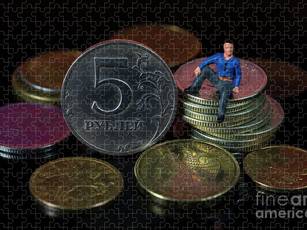 Collapse Jigsaw Puzzle featuring the photograph Russian ruble coins. The fall of the ruble. Ruble collapse. Macro by Pablo Avanzini