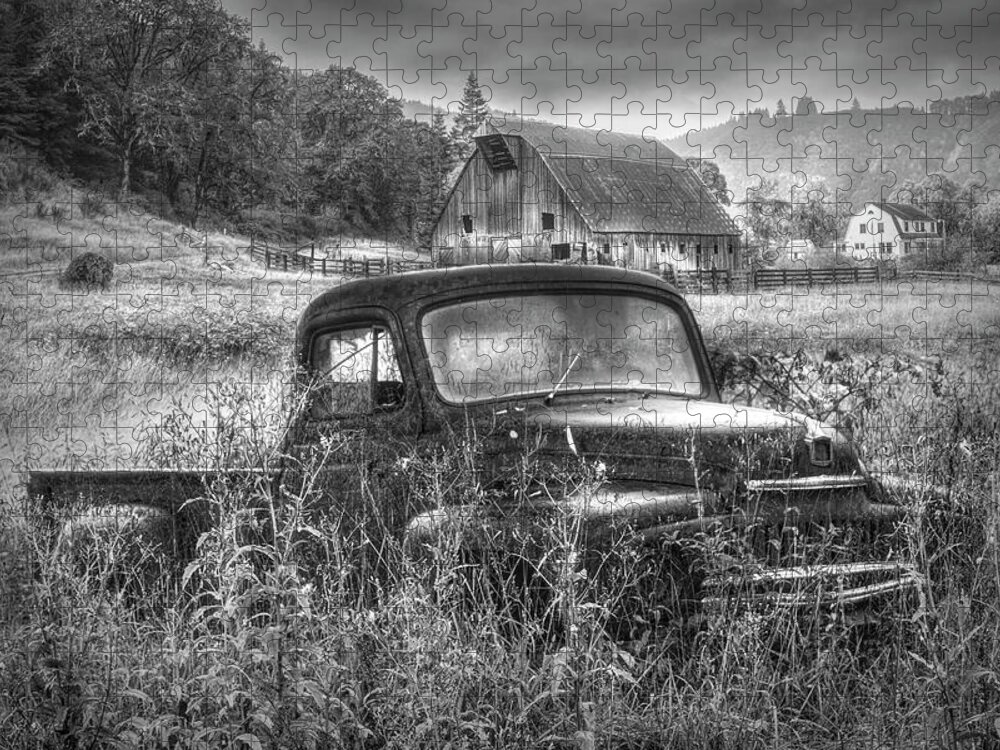 Barns Jigsaw Puzzle featuring the photograph Rusty Truck Deep in the Wildflowers in Black and White by Debra and Dave Vanderlaan