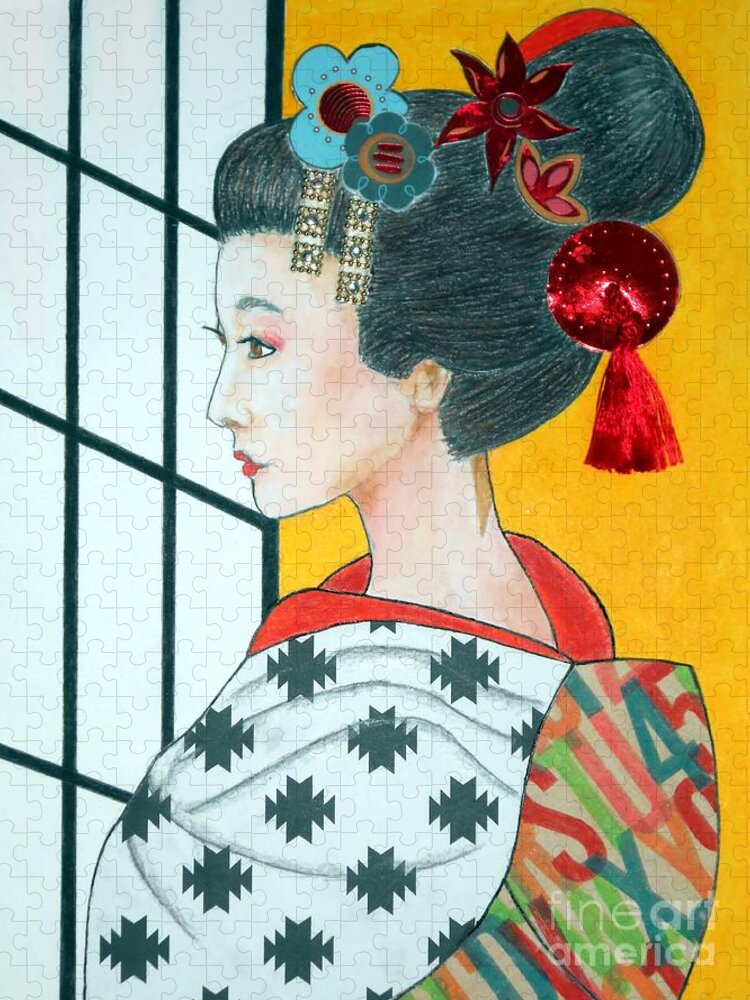 Geisha Jigsaw Puzzle featuring the mixed media Sachiko--Happiness by Jayne Somogy