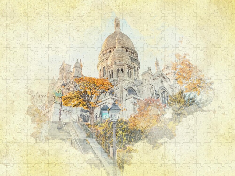 Architecture Jigsaw Puzzle featuring the mixed media Sacre Coeur Basilica in Montmartre by Manjik Pictures