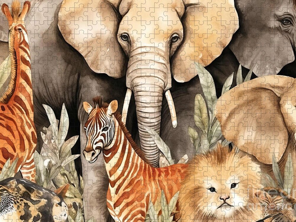 Zoo Jigsaw Puzzle featuring the painting Safari African animals watercolor seamless pattern by N Akkash