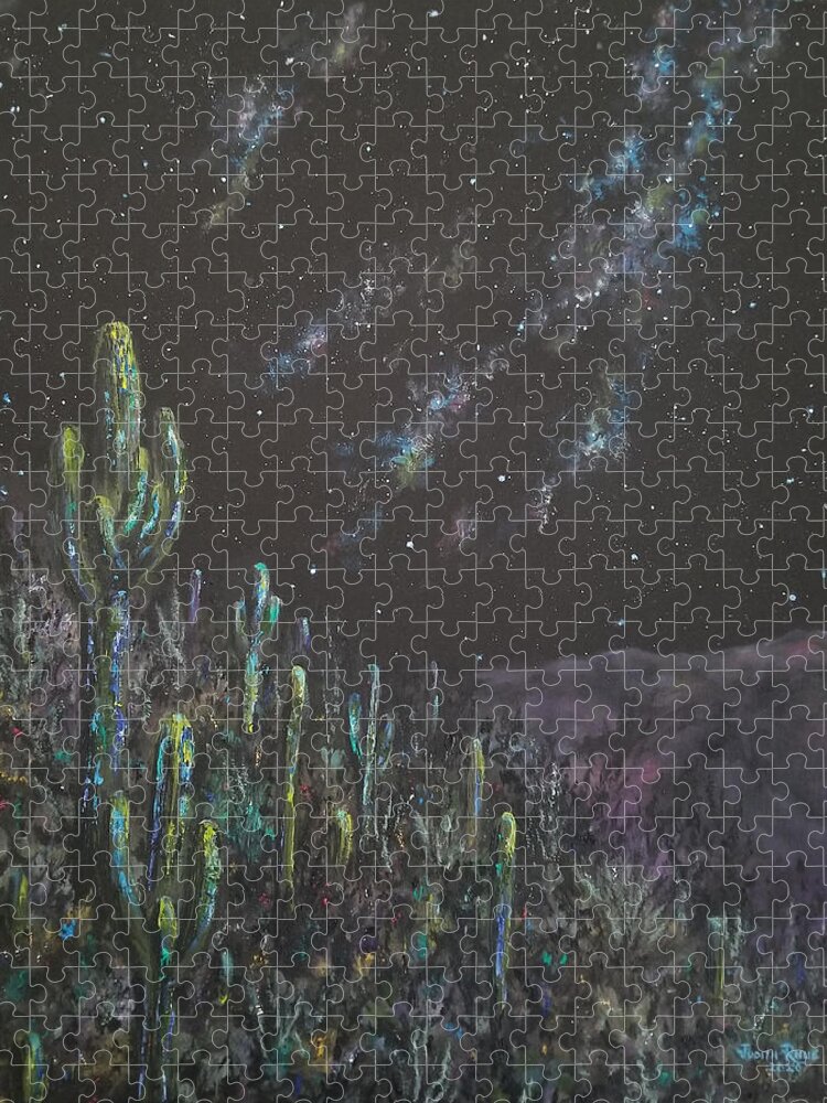 Saguaro Jigsaw Puzzle featuring the painting Saguaro Hill at Night by Judith Rhue
