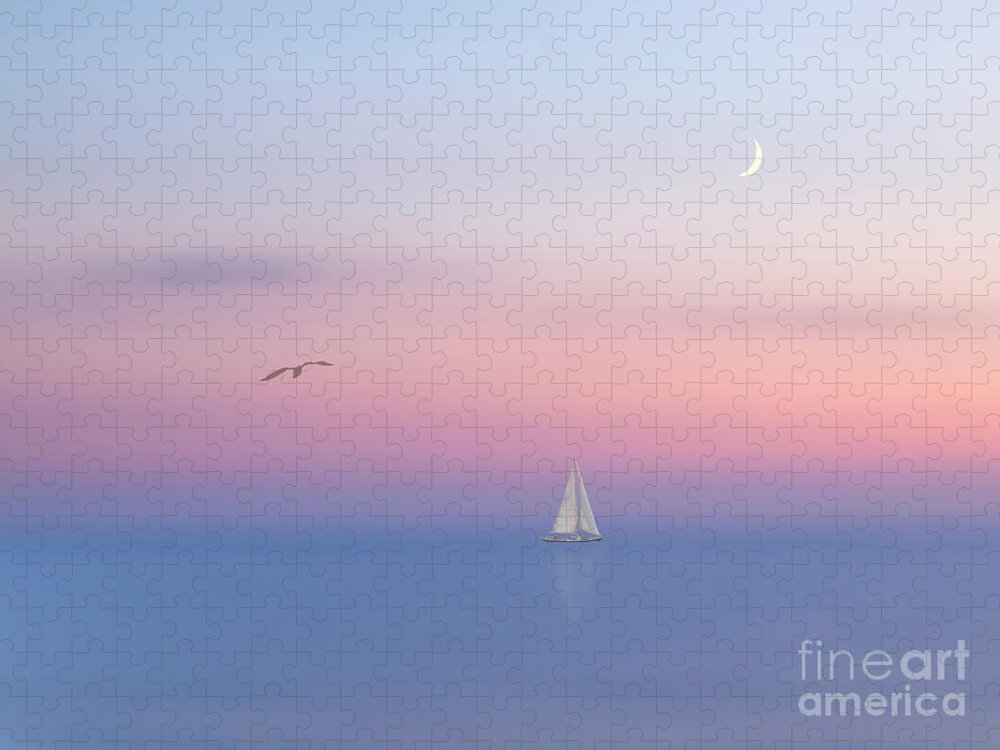 Sail Sunset Soft Gentle Calmness Serenity Relaxation Restful Triangles Moon Bird Landscape Scenery Seascape Ship Boat Beautiful Delicate Touching Emotional Impressionism Impression Alone Lonely Loneliness Solitude Delightful Romantic Fairy Poetic Magical Still Spiritual Nostalgic Inspirational Uplifting Blue Pink White Minimal Minimalist Minimalism Sailing Three Ocean Relax Sweet Dreamy Dream Timeless Foggy Misty Pleasing Appealing Painterly Artistic Watercolor Pastel Fantasy Peaceful Dawn Dusk Jigsaw Puzzle featuring the photograph Allure. Sail Fog And Sunset. Triangles.  by Tatiana Bogracheva