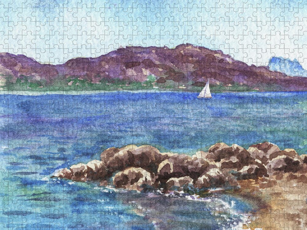 Rocky Shore Jigsaw Puzzle featuring the painting Sailboat At The Rocky Shore Mediterranean Sea Beach Watercolor  by Irina Sztukowski
