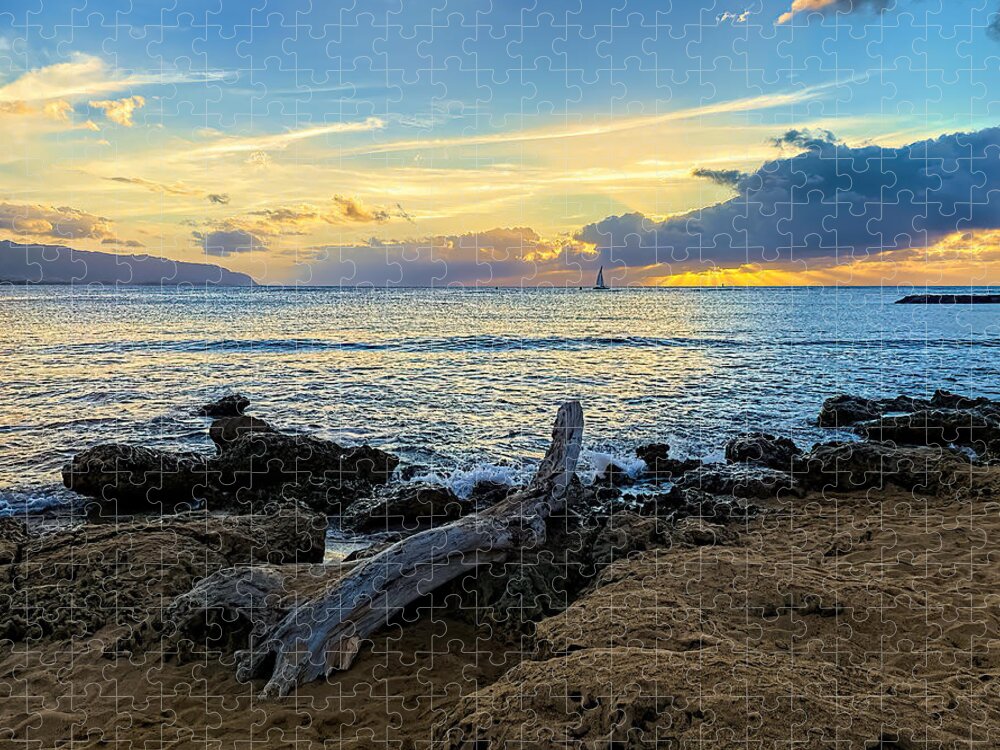 Seascape Jigsaw Puzzle featuring the photograph Sailboat Cruise At Sunset by Rachel League