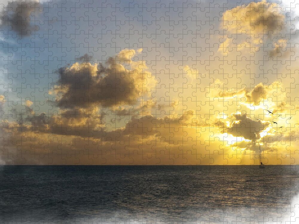 Sunset Jigsaw Puzzle featuring the mixed media Sailing Home by Moira Law