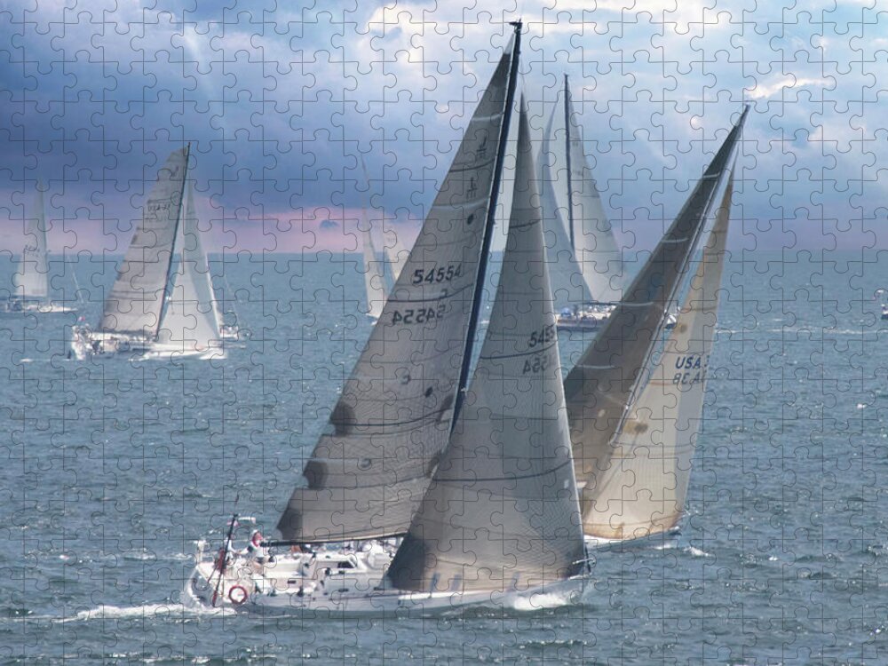 Seascape Jigsaw Puzzle featuring the photograph Sailing off Marblehead racing to Halifax by Jeff Folger