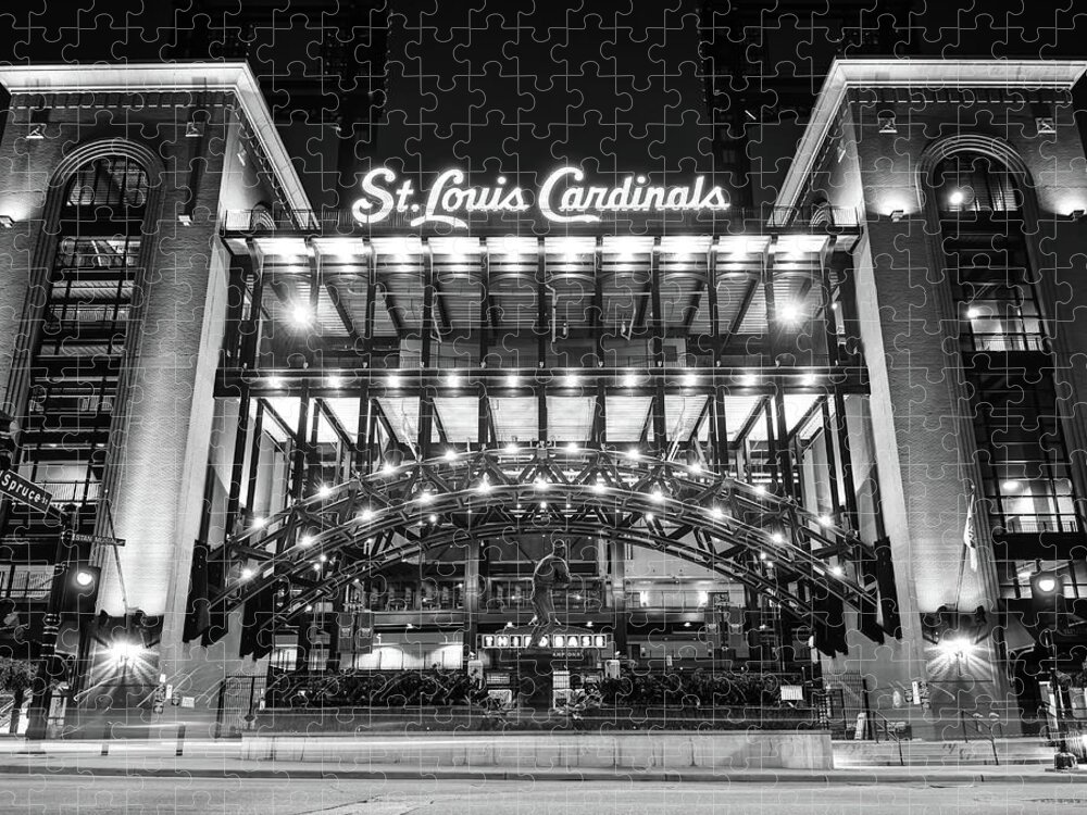 Cardinals Stadium Jigsaw Puzzle featuring the photograph Saint Louis Baseball Stadium Gate Lights - Black and White by Gregory Ballos