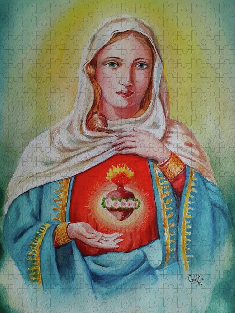Saint Mary Jigsaw Puzzle featuring the painting Saint Mary s sacred heart by Carolina Prieto Moreno