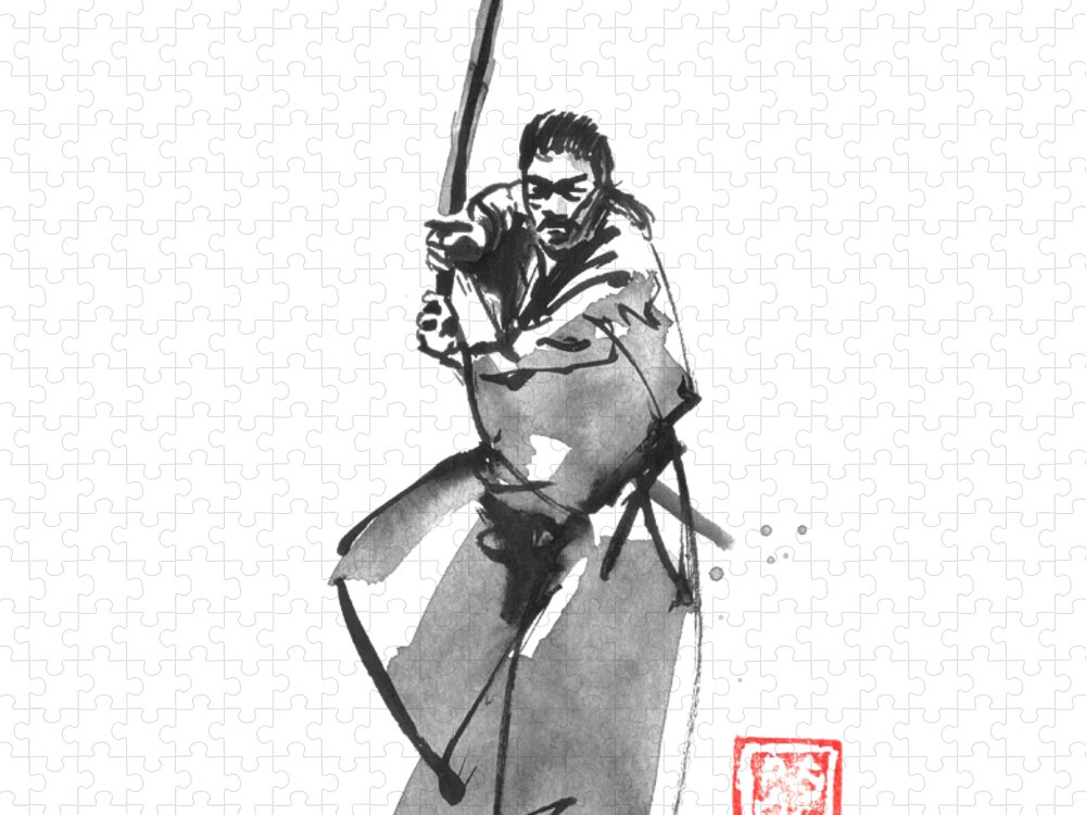 Samurai Jigsaw Puzzle featuring the drawing Samurai Armed by Pechane Sumie