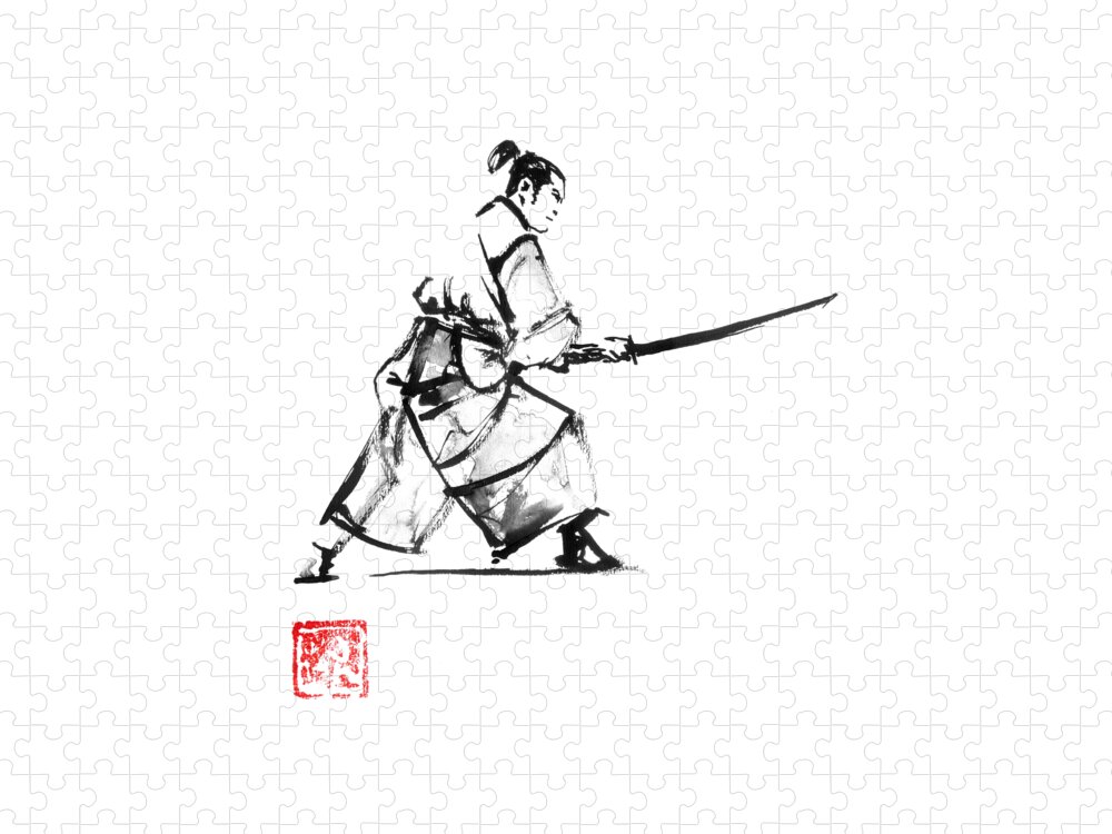 Samurai Jigsaw Puzzle featuring the drawing Samurai En Garde by Pechane Sumie