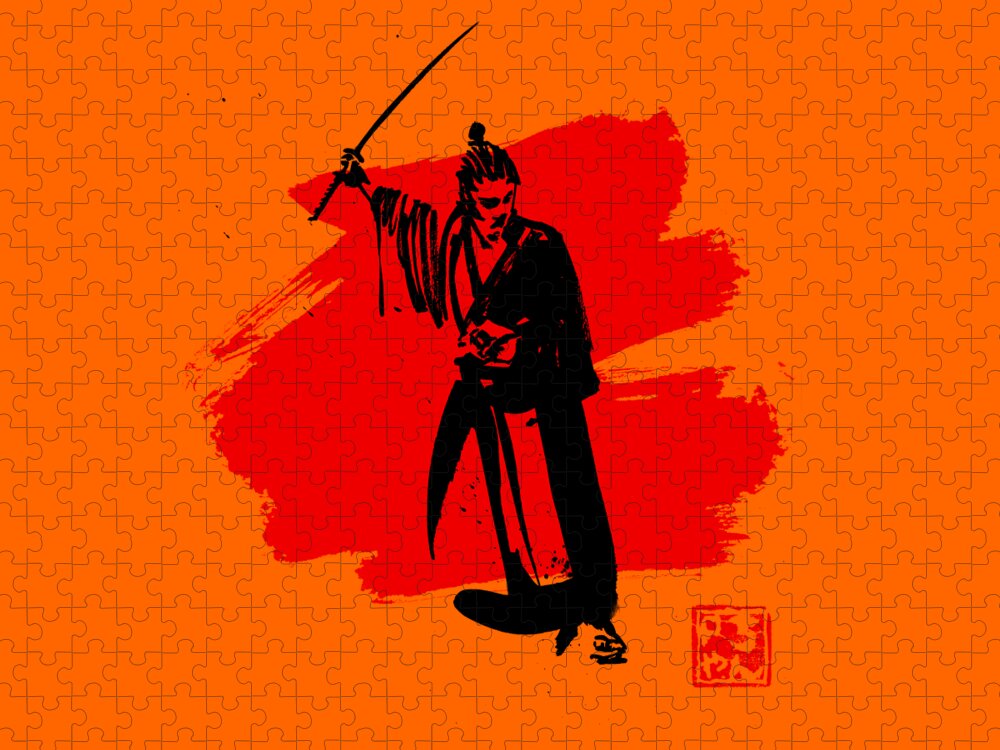 Samurai Jigsaw Puzzle featuring the drawing Samurai Red by Pechane Sumie
