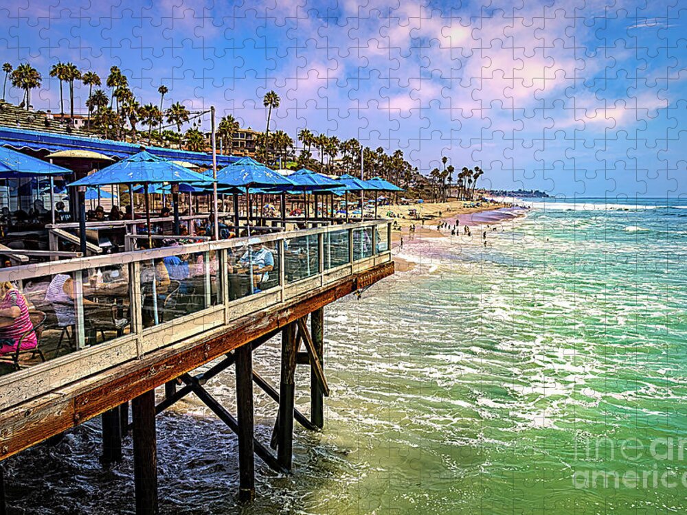 San Clemente Jigsaw Puzzle featuring the photograph San Clemente Pier with Blue Umbrellas by Roslyn Wilkins