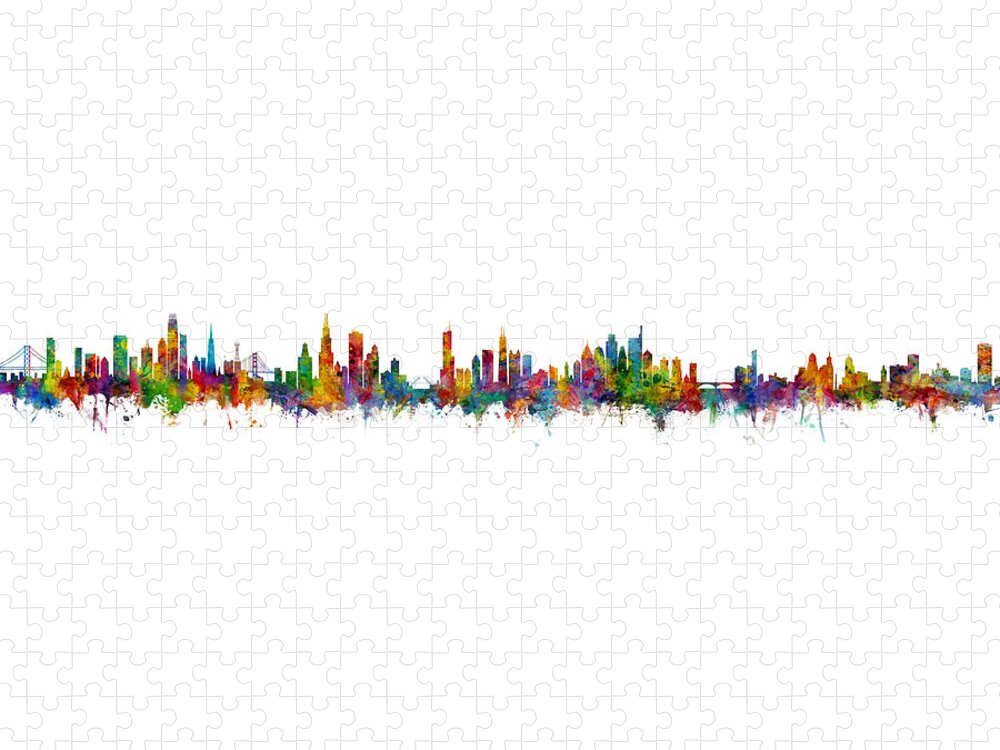 Buffalo Jigsaw Puzzle featuring the digital art San Francisco, Chicago, Philadelphia and Buffalo Skylines Mashup by Michael Tompsett