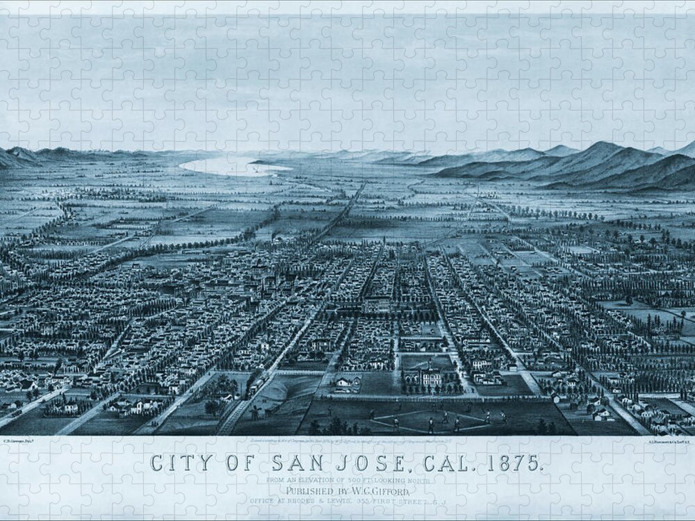 San Jose Jigsaw Puzzle featuring the photograph San Jose California Antique Map Birds Eye View 1875 Cool Blue by Carol Japp