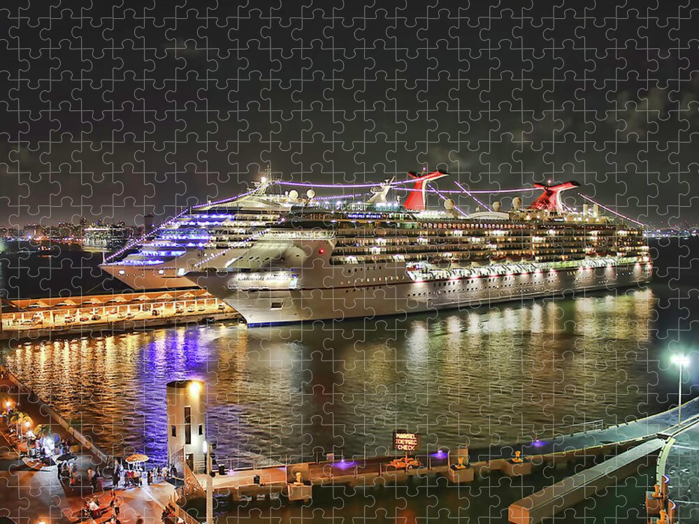 San Juan Jigsaw Puzzle featuring the mixed media San Juan Lights up with two Carnival Ships by Pheasant Run Gallery