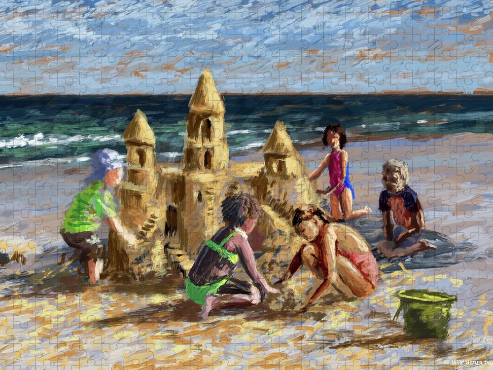 Children Jigsaw Puzzle featuring the digital art Sandcastle Teamwork by Larry Whitler