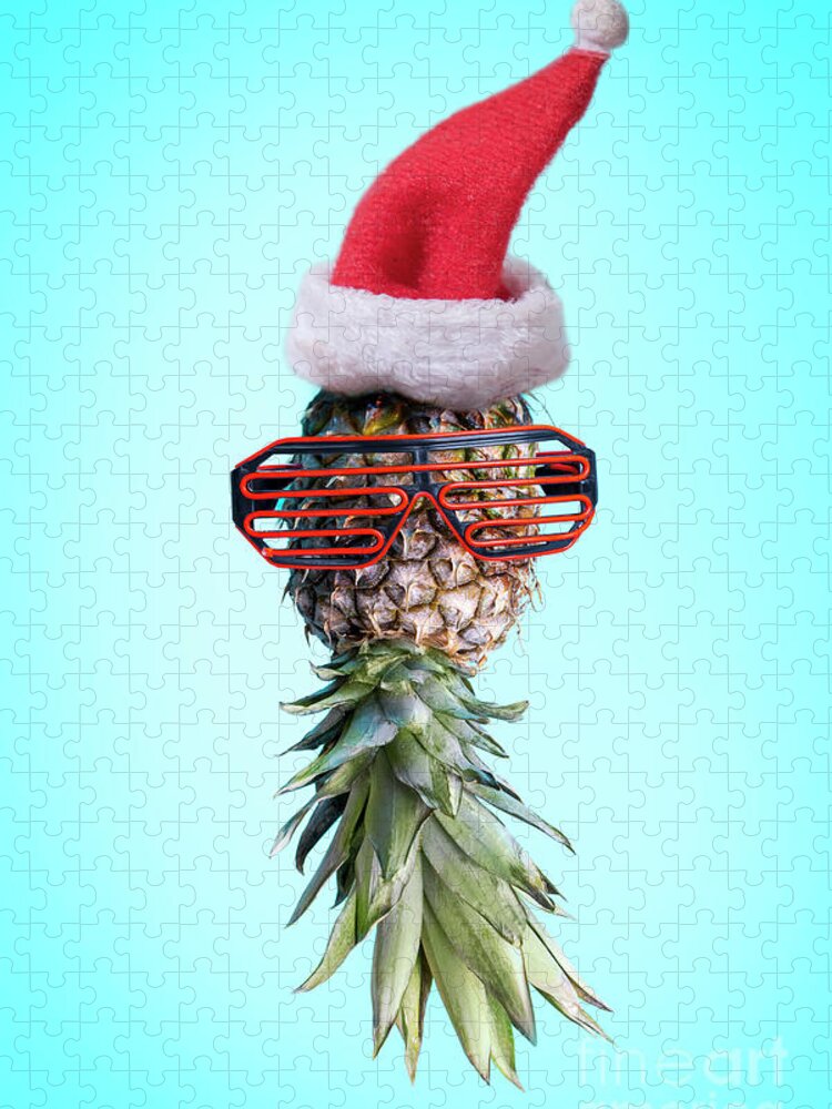 Pineapple Jigsaw Puzzle featuring the photograph Santa ananas. Funky pop art minimal christmas in summer concept. by Jelena Jovanovic