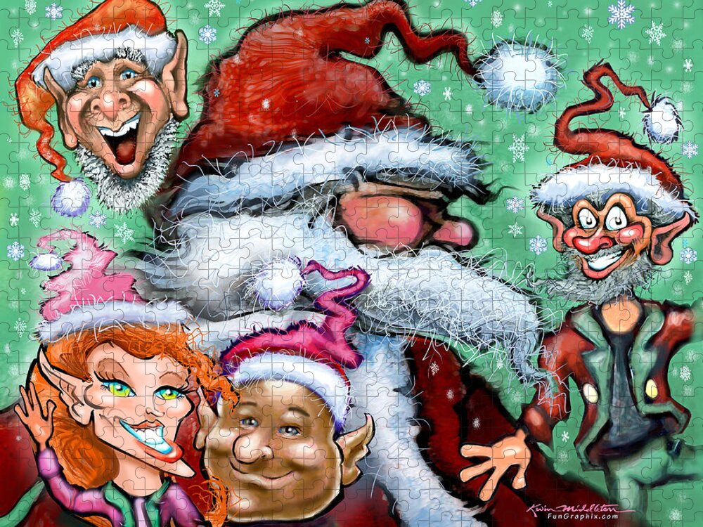 Santa Jigsaw Puzzle featuring the digital art Santa and his Elves by Kevin Middleton