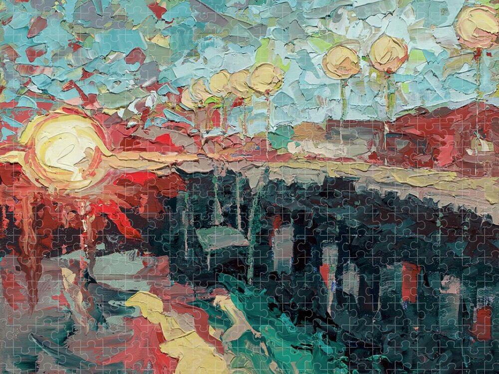 Sunset Jigsaw Puzzle featuring the painting Santa Cruz Wharf Sunset by PJ Kirk